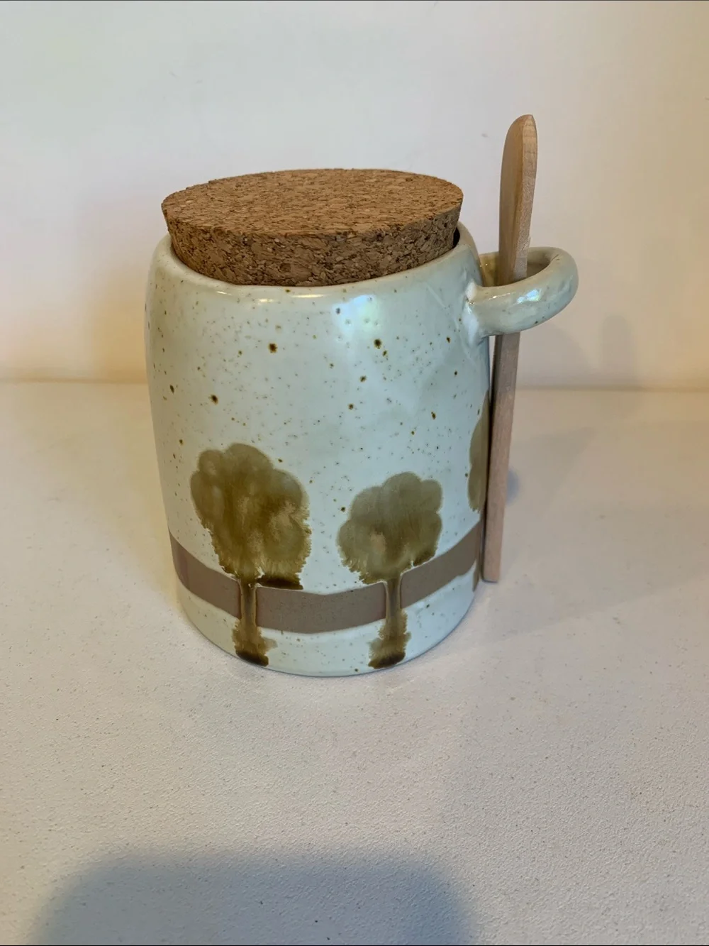NEW Hand Painted Speckled Stoneware Jar Green Trees Cork Lid and Wooden Spoon